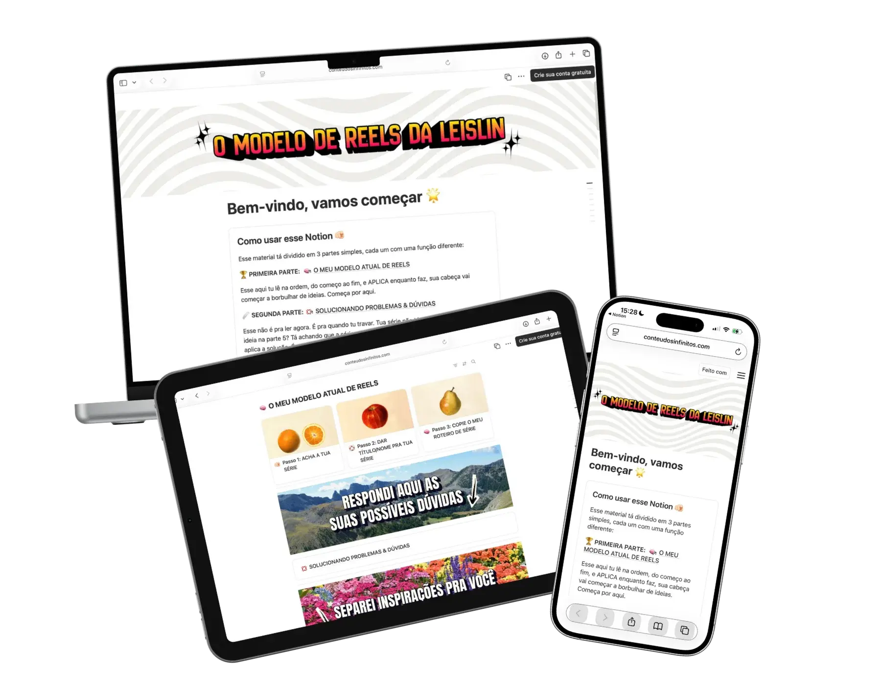 Modelo de Reels — visualização em celular, iPad e notebook